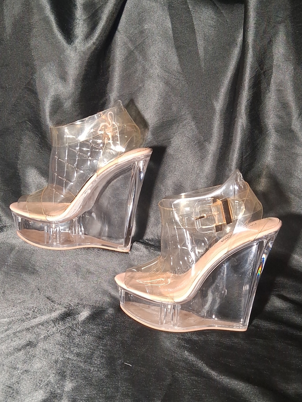 Fashion Nova Clear Lucite Wedge Sandals with Nude Insole